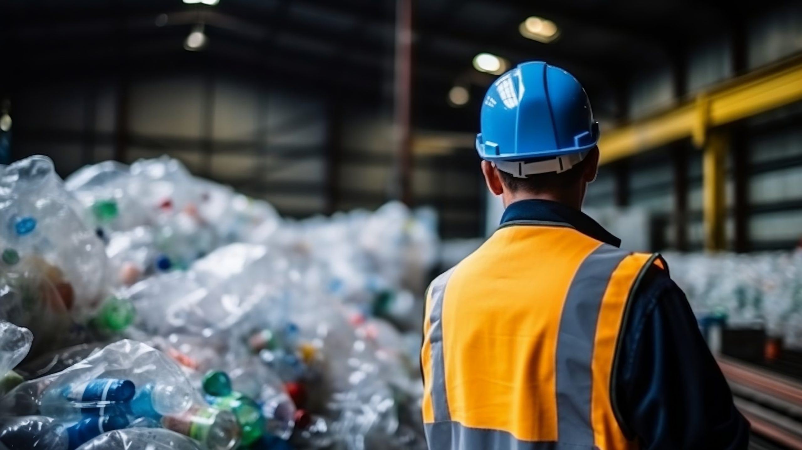 Engineer observing plastic bottle in recycling industry